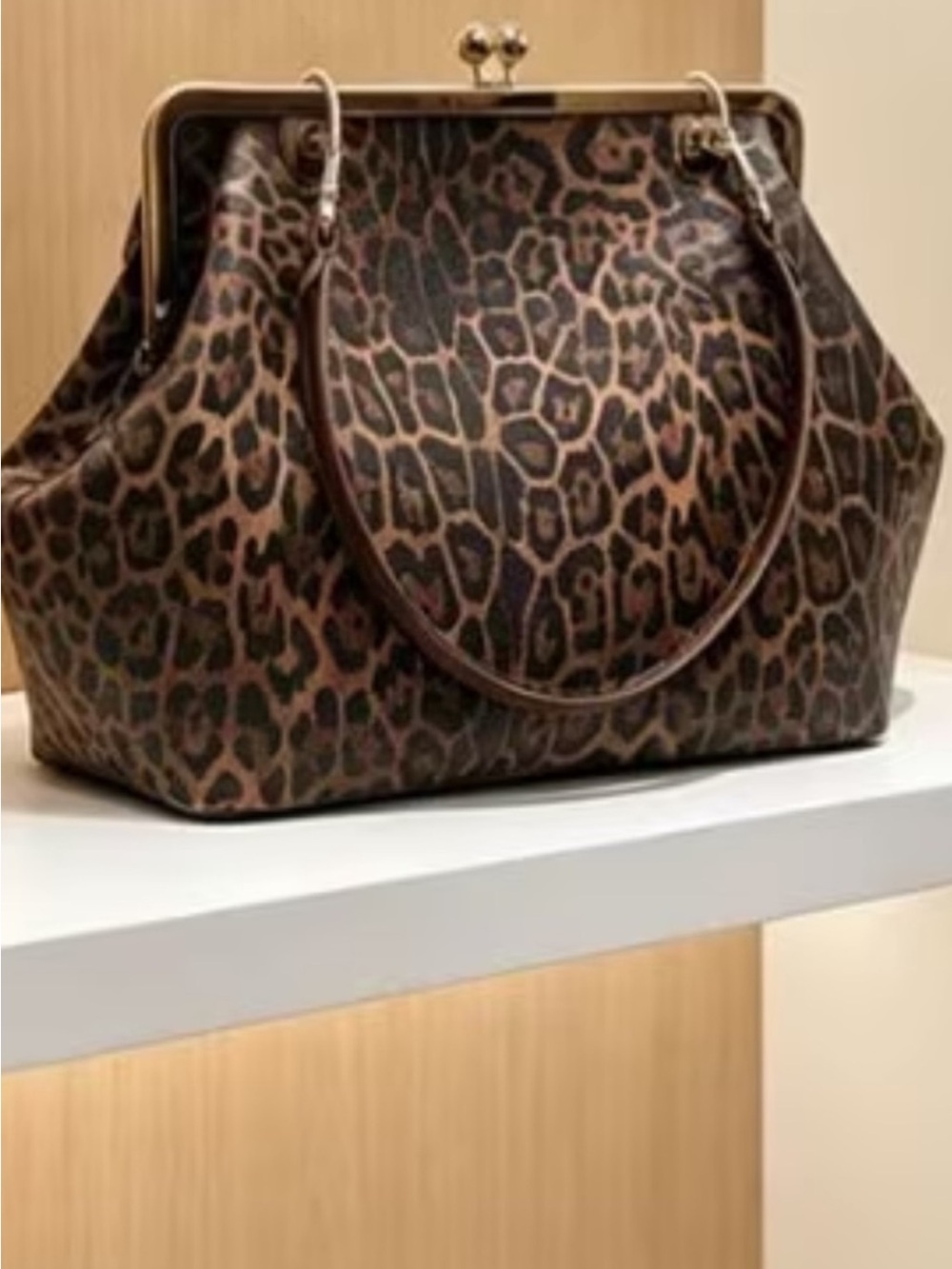 Leopard-Print Frame Satchel Bag in Brown brand new xl